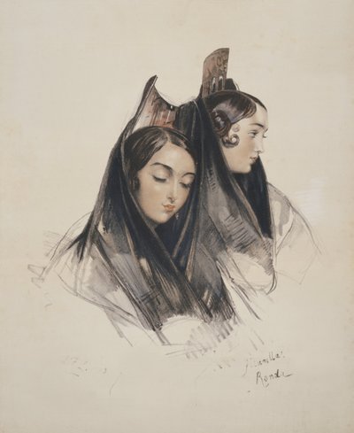 Girls of the Ronda, Andalusia, deska 11 ze Sketches of Spain, rytina Charlese Josepha Hullmandela (1789-1850) vydáno 1836 od John Frederick Lewis