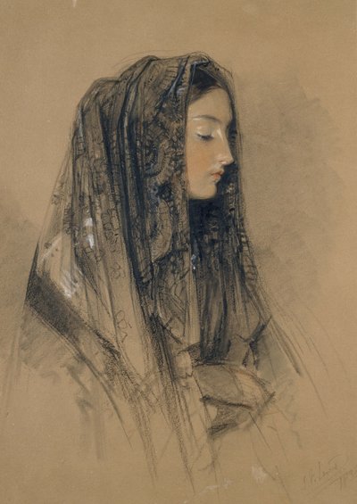 Hlava italské dívky v mantille, 1838 (červená a černá křída a indický inkoust s akvarely a tělovými barvami na žlutohnědé desce) od John Frederick Lewis