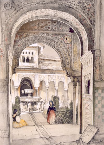Lví fontána ze sálu Abencerrajes, z knihy "Sketches and Drawings of the Alhambra", rytina Williama Gauciho (fl.1825-54) od John Frederick Lewis