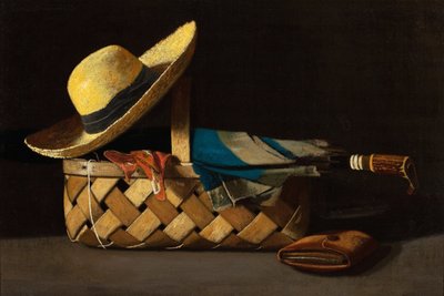 ""Tržní košík, klobouk a deštník"" (tržní košík, klobouk a deštník) Zátiší - obraz Johna Fredericka Peta (1854-1907) kolem roku 1890 Soukromá sbírka od John Frederick Peto