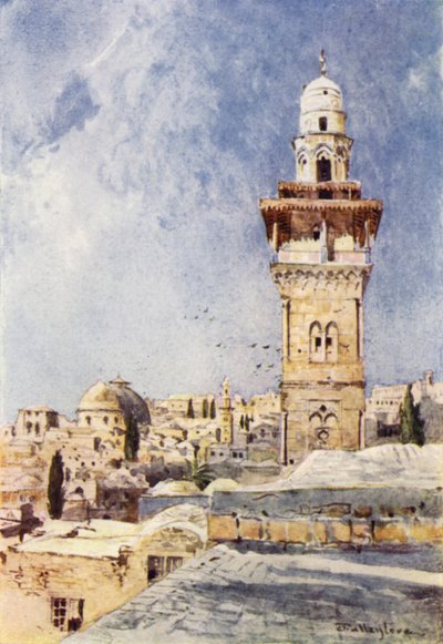 Minaret v severozápadním rohu Temple Area (barevné lito) od John Fulleylove