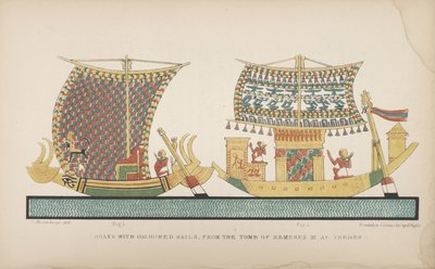 Lodě s barevnými plachtami, z hrobky Ramsese III v Thébách, ilustrace z "Mýry a zvyky starých Egypťanů...", 1837-41 od John Gardner Wilkinson