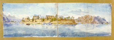 Ostrov Philae. Akvarel Johna Gardnera Wilkinsona (1797-1875), britského cestovatele a archeologa, "otce britské egyptologie". Staroegyptský chrámový komplex na Nilu poblíž Asuánu od John Gardner Wilkinson