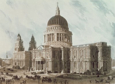 Jihovýchodní pohled na katedrálu sv. Pavla, ryl Daniel Havell (1785-1826), hospoda. 1818 v Ackermannově repozitáři umění od John Gendall
