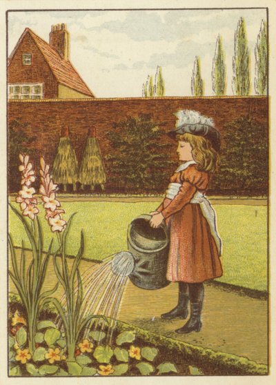 Dívka zalévá zahradu (barva litho) od John George (after) Sowerby
