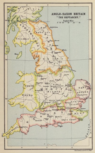 Anglosaská Británie, "The Heptarchy" (litografie) od John George Bartholomew
