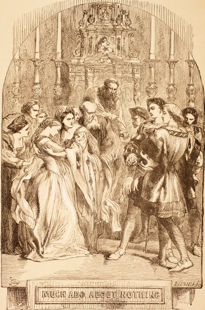 Ilustrace pro mnoho povyku pro nic z „The Illustrated Library Shakespeare“, vydané v Londýně 1890 od John Gilbert