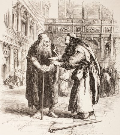Ilustrace k Kupci benátskému, Shylock a Tubal se setkávají na ulici, dějství III, scéna I, z „The Illustrated Library Shakespeare“, vydané v Londýně 1890 od John Gilbert