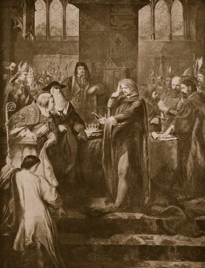Král Richard II rezignuje na korunu svému bratranci Bolingbrokovi, ilustrace z „Hutchinsonova příběhu britského národa“, kolem roku 1920 od John Gilbert