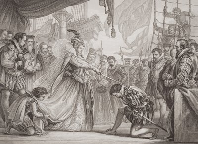 Královna Alžběta I. (1530–1603) pasující na rytíře Francise Drakea (1540–96) z „Ilustrace anglické a skotské historie“ Volume I od John Gilbert