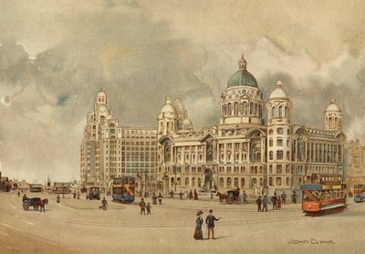 Liverpool: Kanceláře Mersey Docks and Harbour Board, The Liver Building, atd., Přístup k přistávací ploše (barevné lito) od John Glynn