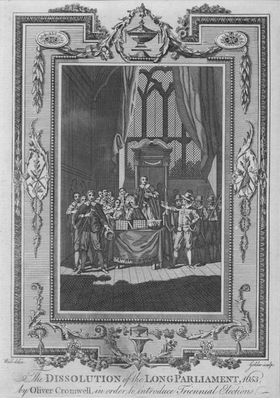 Rozpuštění dlouhého parlamentu, 1653, Oliver Cromwell, s cílem představit Triennial Ele od John Goldar