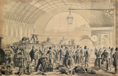 Štědrý večer na nádraží Kings Cross, kolem 1870-90 (pero a mytí na papíře) od John Gordon Thomson