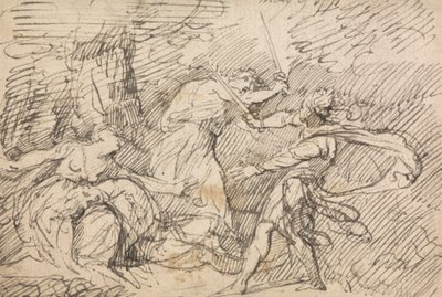 Dva muži bojují před ženou od John Hamilton Mortimer