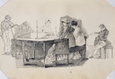 Večer doma, 1804 (pero a inkoust na papíře) od John Harden