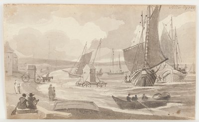 Koupací stroje v Allonby, Cumbria, 1812 (wc na papíře) od John Harden