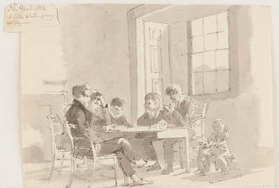 Chlapci čtou v Storrs, Elterwater, 1814 (pero a inkoust s mytím na papíře) od John Harden