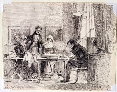 Rodinné skupinové šití a čtení, 10. října 1823 (pero a inkoust na papíře) od John Harden