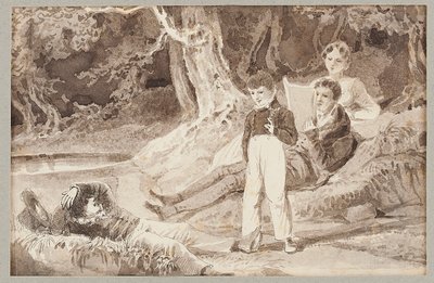 Čtyři postavy mezi stromy za horkého dne, 1807 (wc na papíře) od John Harden