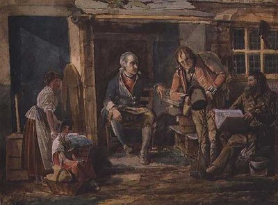 Skupina včetně vojáka za dveřmi chaty (akvarel na papíře) od John Harden