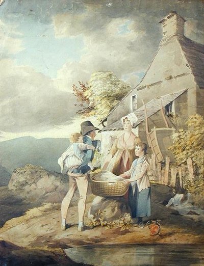 Skupina mimo prádelnu (akvarel na papíře) od John Harden