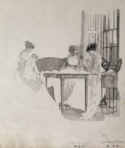 Dámské šití, 1805 (pero a inkoust na papíře) od John Harden