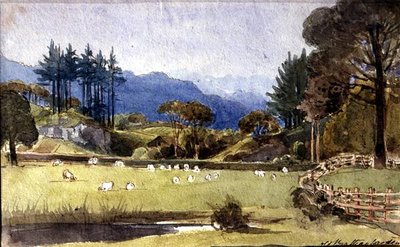 Langdale ze severního pobřeží Windermere (akvarel na papíře) od John Harden