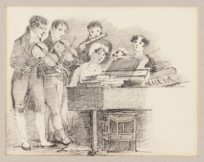 Pianista doprovázený houslisty a flétnistou od John Harden