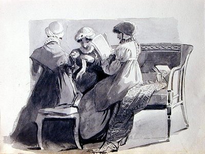 Tři ženy na pohovce (pero a inkoust na papíře) od John Harden