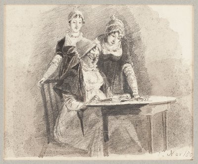 Tři u stolu, jeden sedící, 1807 (tužka a mytí na papíře) od John Harden
