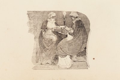Dvě ženy čtoucí při světle lampy, 1804 (pero a inkoust na papíře) od John Harden