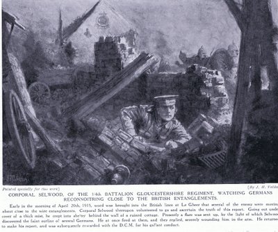 Desátník Selwood získal DCM za sledování Němců při průzkumu v blízkosti britských zápletek v Le Gheer v dubnu 1915 od John Harris Valda