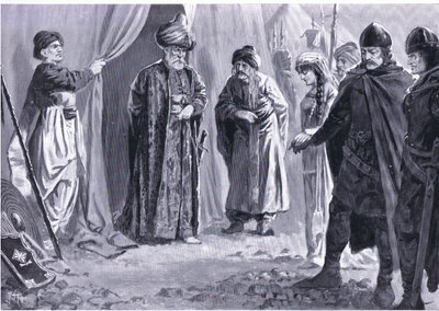 Ivan Shishman III doručí svou sestru sultánovi Muradovi I., AD1366, z Hutchinsonových dějin národů (svazek 4) vydaných Hutchinsonem, c. 1920 (litho) od John Harris Valda