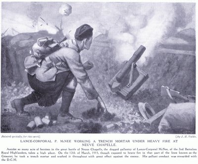 Lance desátník P McNee pracuje na zákopovém minometu pod silnou palbou v Neuve Chapelle od John Harris Valda