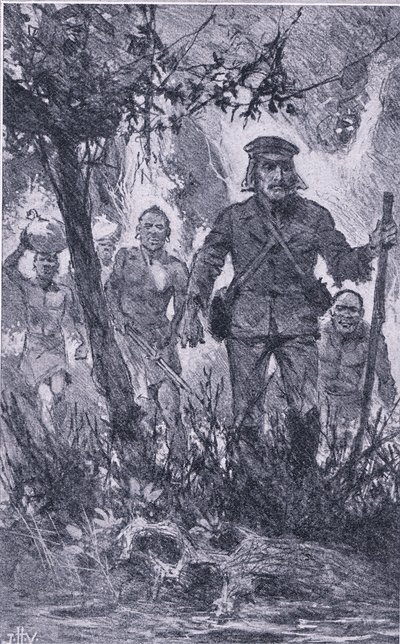 Livingstone střílel na lva, ale lev na něj zaútočil a kousl ho do ramene a zlomil mu levou paži, Newnes Pictorial Knowledge publikované Newnesem, kolem 50. let (litho) od John Harris Valda