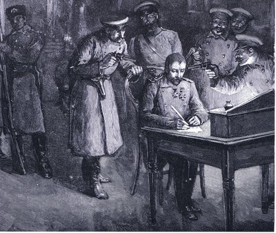 Princ Alexander podepisuje svou abdikaci 1886, ilustrace z Hutchinsons History of the Nations VOL 4 c.1920s od John Harris Valda
