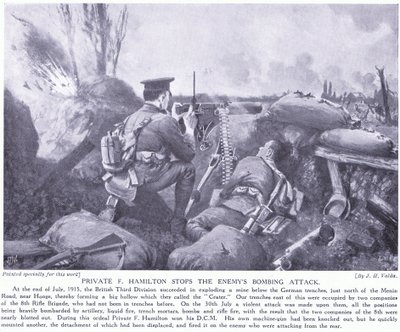 Vojín F Hamilton vyznamenal DCM zastavením nepřátelského bombardovacího útoku v červenci 1915 na Hooge od John Harris Valda