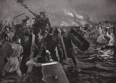 Římský útok na Anglesea (litografie) od John Harris Valda