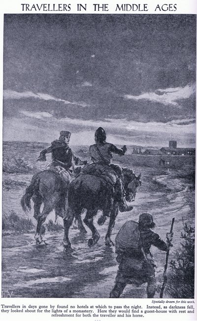 Cestovatelé ve středověku. Když padla tma, cestovatelé hledali světla kláštera, kolem roku 1950 od John Harris Valda