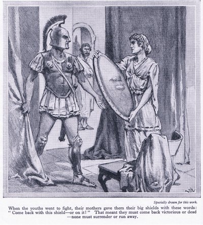Když spartští mladíci odcházeli do boje, jejich matky jim dávaly velké štíty se slovy: "Vrať se s tímto štítem nebo na něm", cca 1950. od John Harris Valda