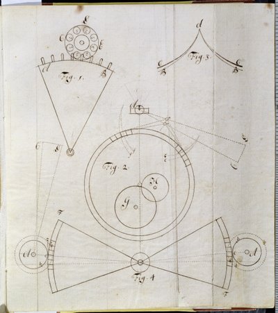 Schéma pohybů časoměřiče (pero a inkoust na papíře) od John Harrison
