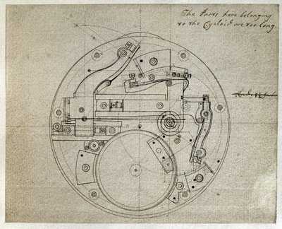 Nákres rozvržení pohybu časomíry H4 od Johna Harrisona (1693-1776), kolem 1759 (pero a inkoust na papíře) od John Harrison