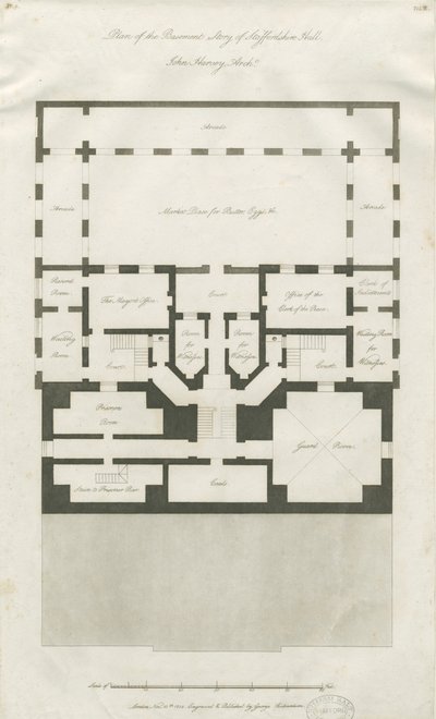 Stafford - Plán suterénu Příběh Shire Hall: rytina, nd [1794-1798] (tisk) od John Harvey