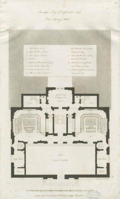 Stafford - Plán hlavního podlaží Shire Hall: rytina, nd [1794-1798] (tisk) od John Harvey