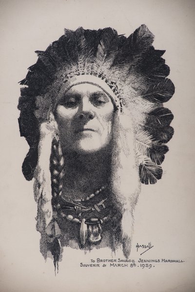 Autoportrét s indiánskou čelenkou, 8. března 1939 (pero a tuš na desce) od John Hassall
