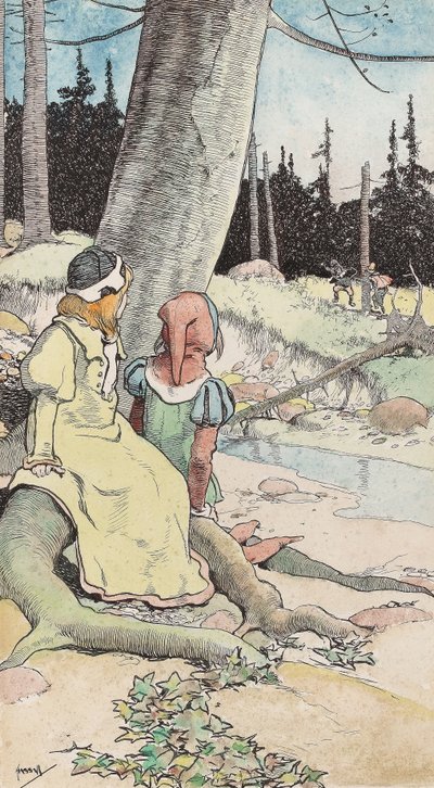 The Babes in the Wood, cca 1900 (akvarel, pero a inkoust na papíře) od John Hassall