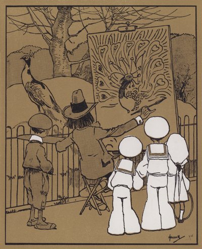 Páv a dekorativní umělec (barevné lito) od John Hassall