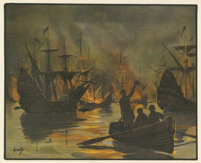 Neporazitelná Armada napadená ohnivými loděmi (barva litho) od John Hassall