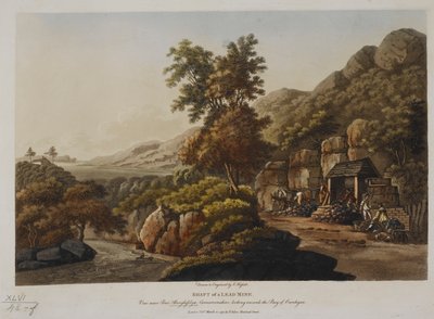 Hřídel olověného dolu. Pohled poblíž Pont Aberglaslyn, Carnarvonshire, při pohledu na zátoku Cardigan, publikoval v roce 1798 (barevná rytina) od John Hassell