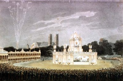Ohňostroj pořádaný v Green Parku na oslavu porážky Napoleona, vyrytý hospodou Matthew Dubourg. 1814 (rytina) od John Heaviside (after) Clark